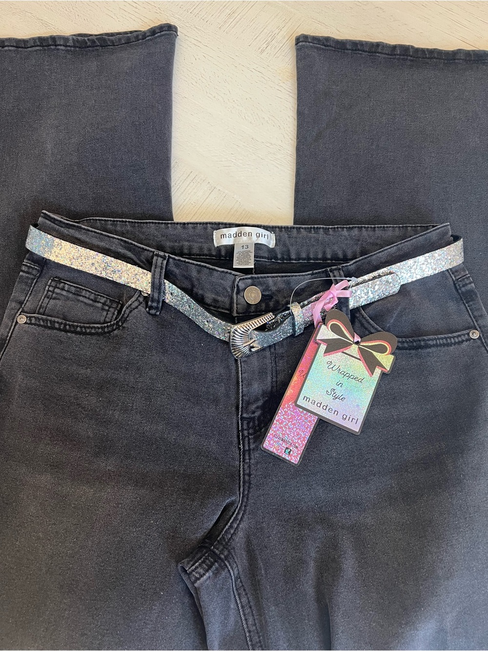 Madden Girl Washed Black Mid-Rise Flare Jeans with Sparkle Belt - Picture 2 of 6